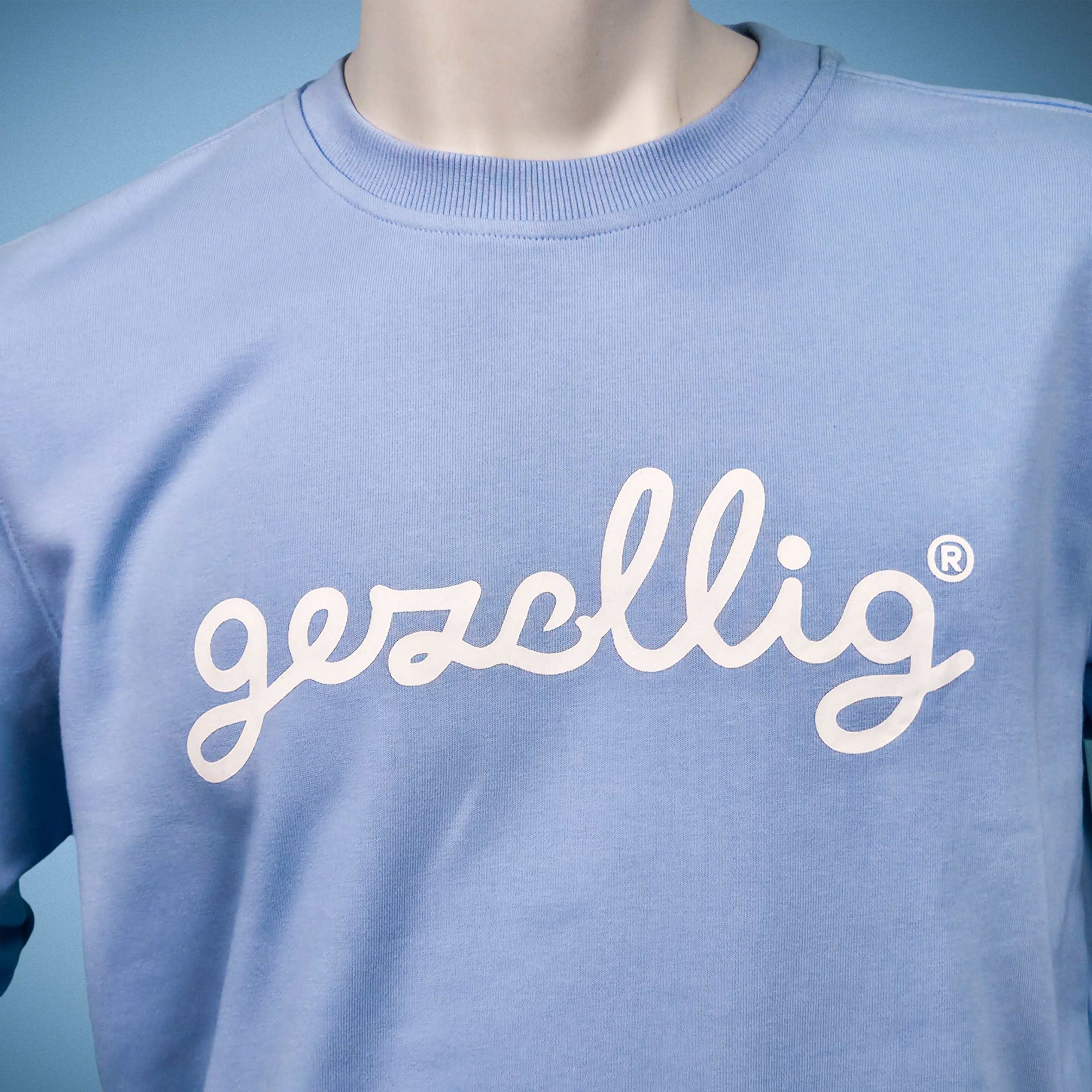 Light Blue Sweater with GEZELLIG in White