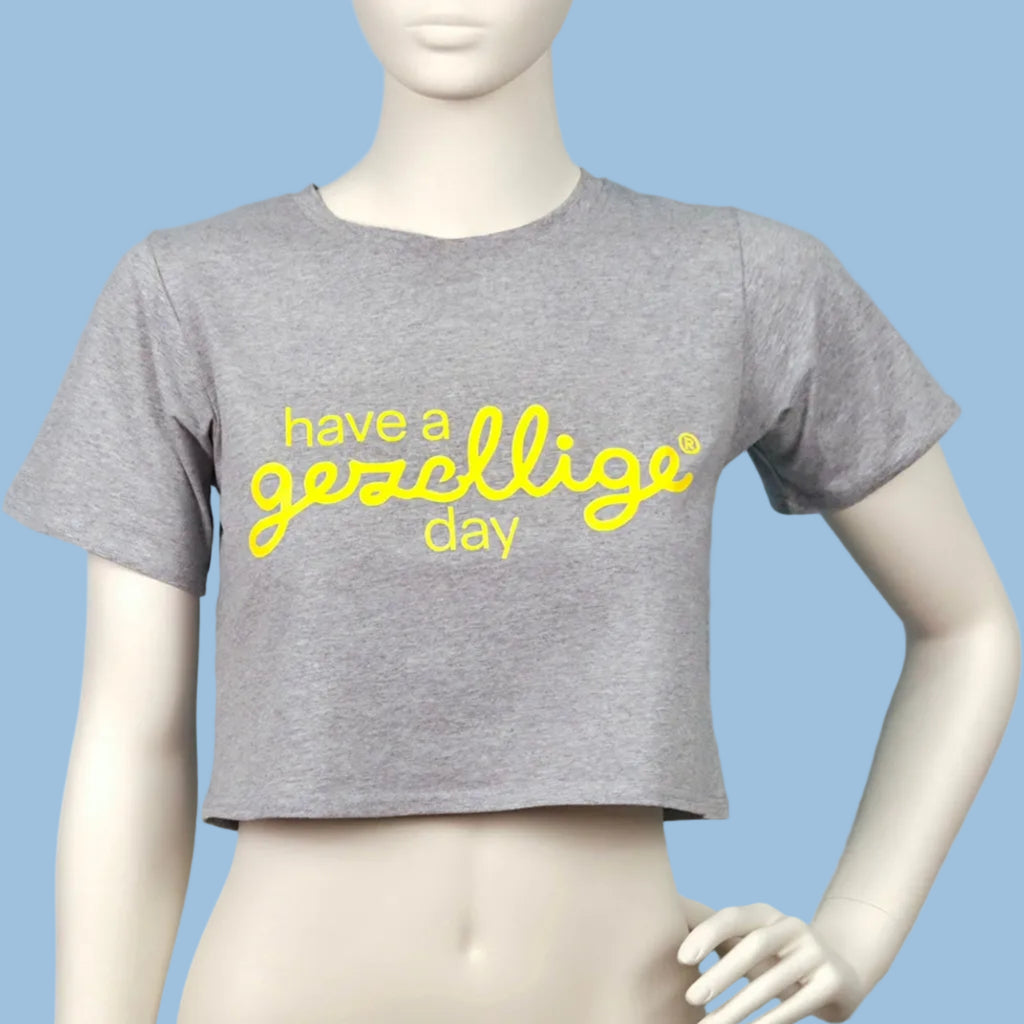 Cropped T HAVE A GEZELLIGE DAY Yellow on Grey