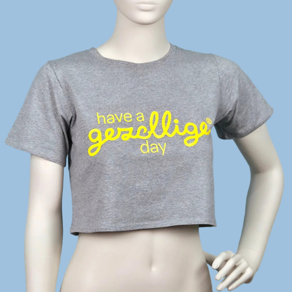 Cropped T HAVE A GEZELLIGE DAY Yellow on Grey