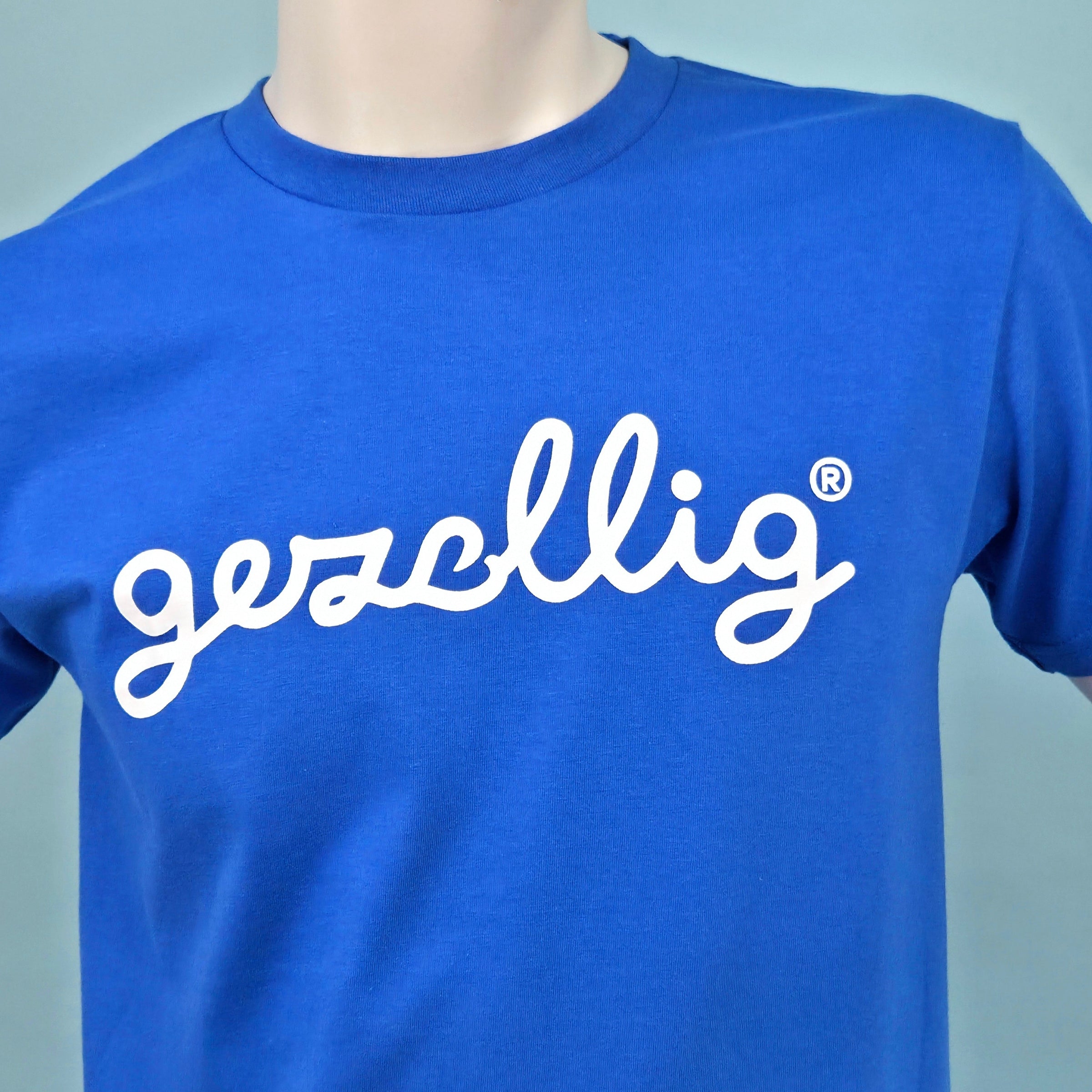 Blue sweater with white 'gezellig' logo
