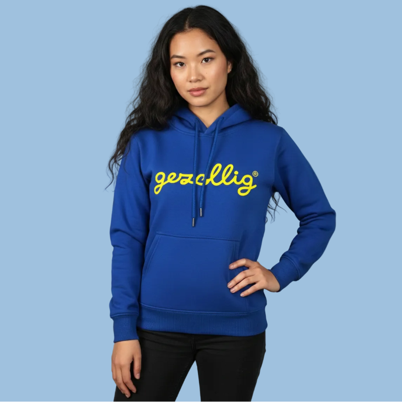 Blue Hoodie with Gezellig in Yellow Print