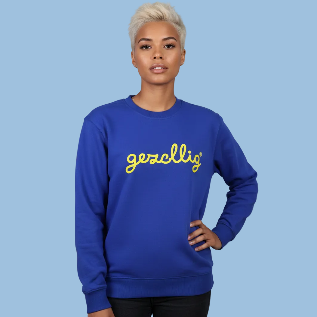 Blue sweatshirt with yellow text GEZELLIG  on blue background