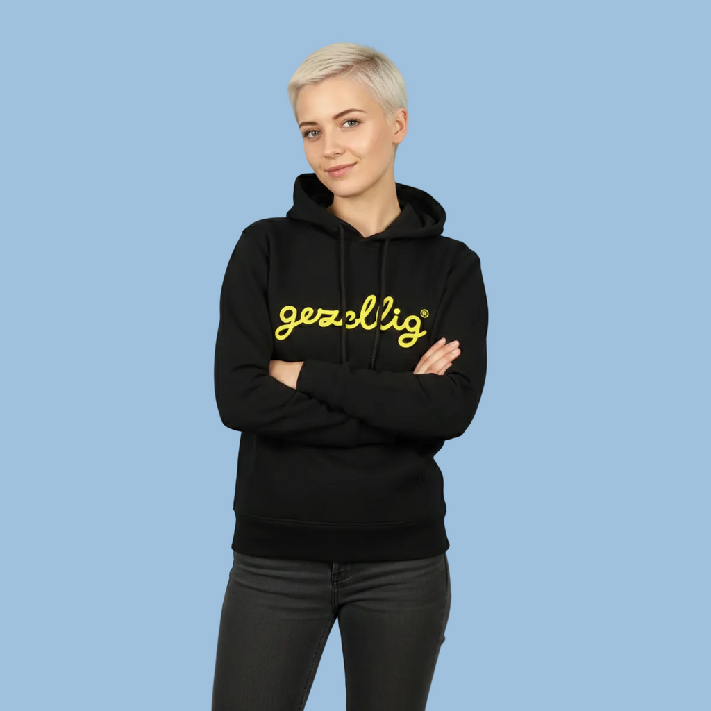 Black Hoodie with GEZELLIG in Yellow Print
