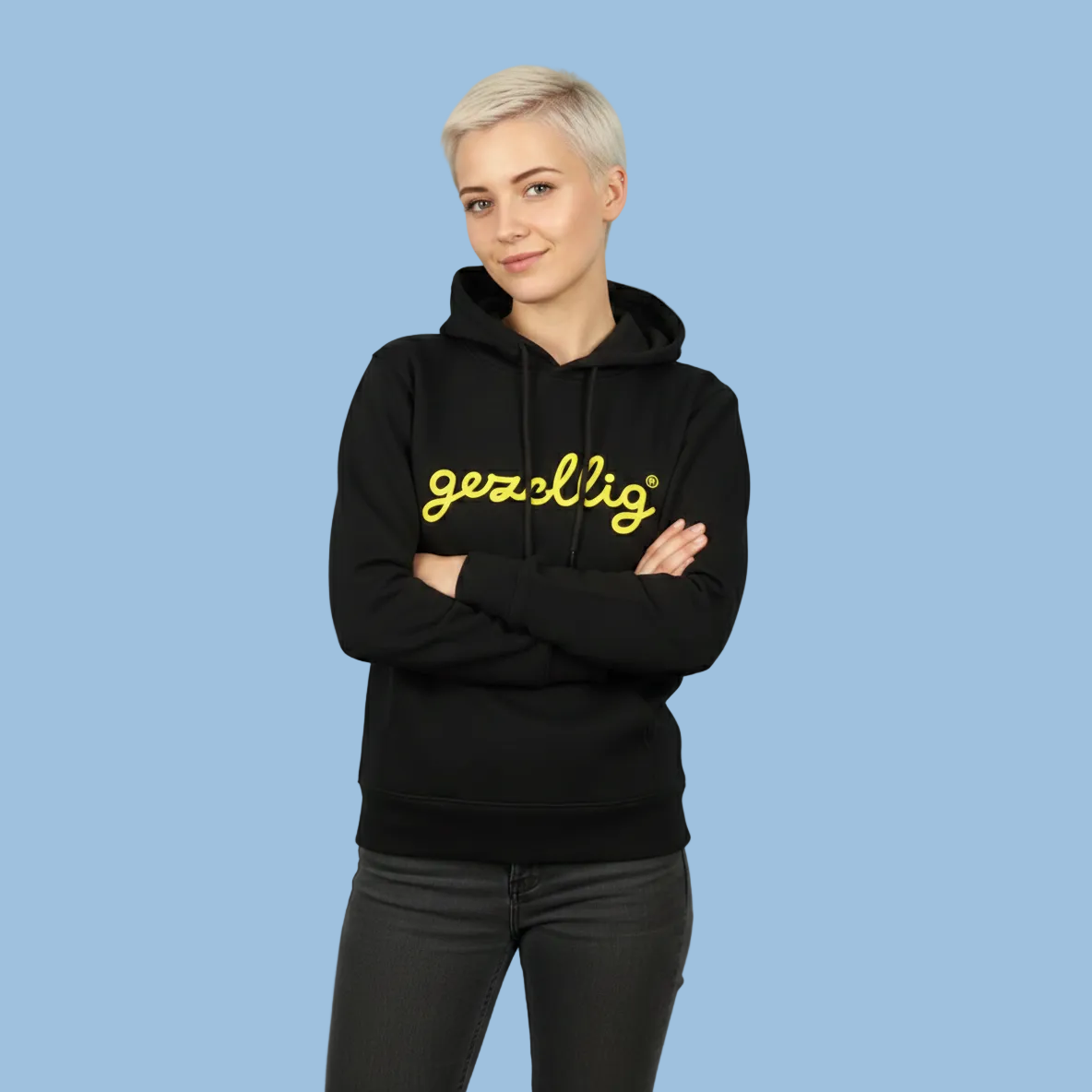 Black Hoodie with GEZELLIG in Yellow Print