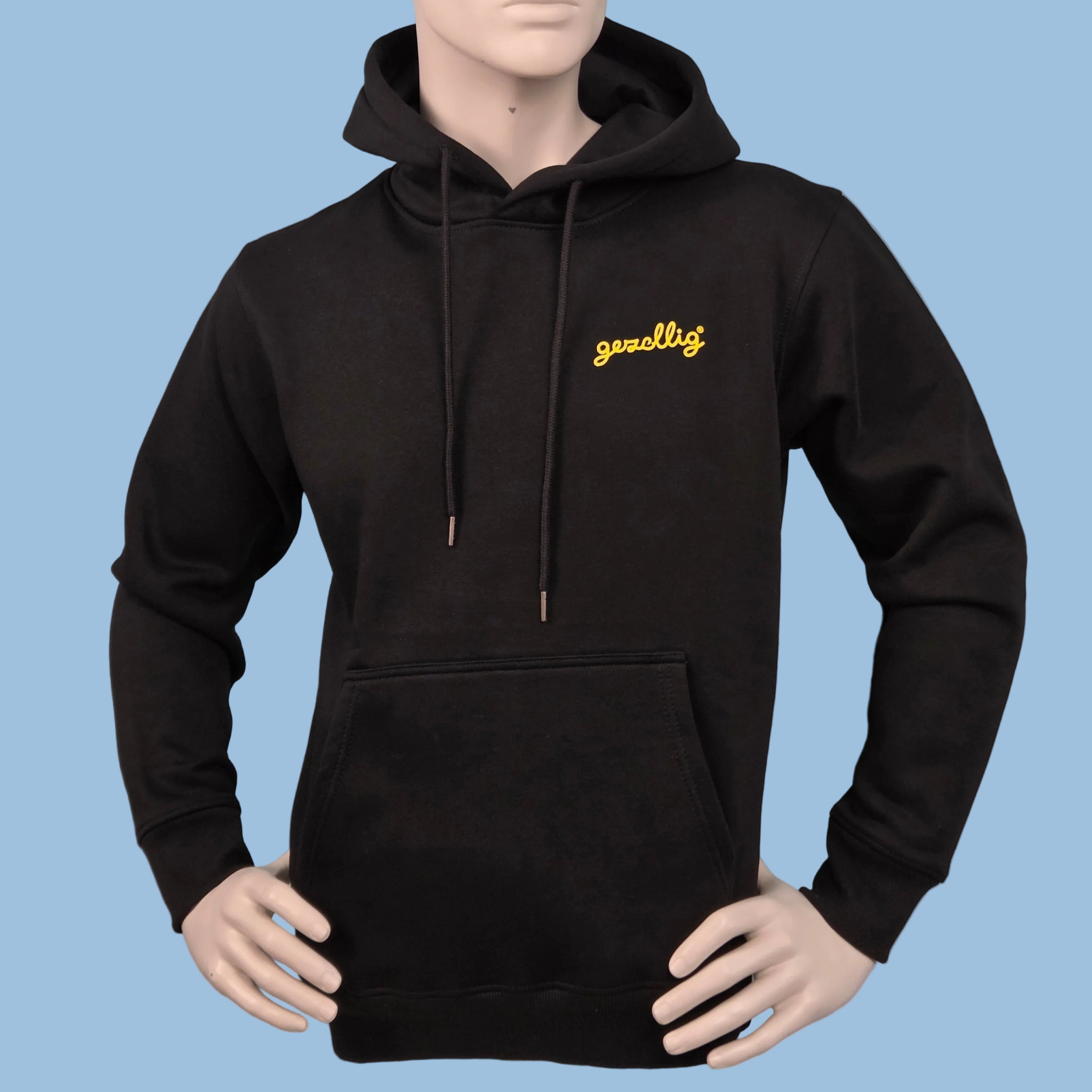 Black Hoodie with Small GEZELLIG Logo in Yellow Print