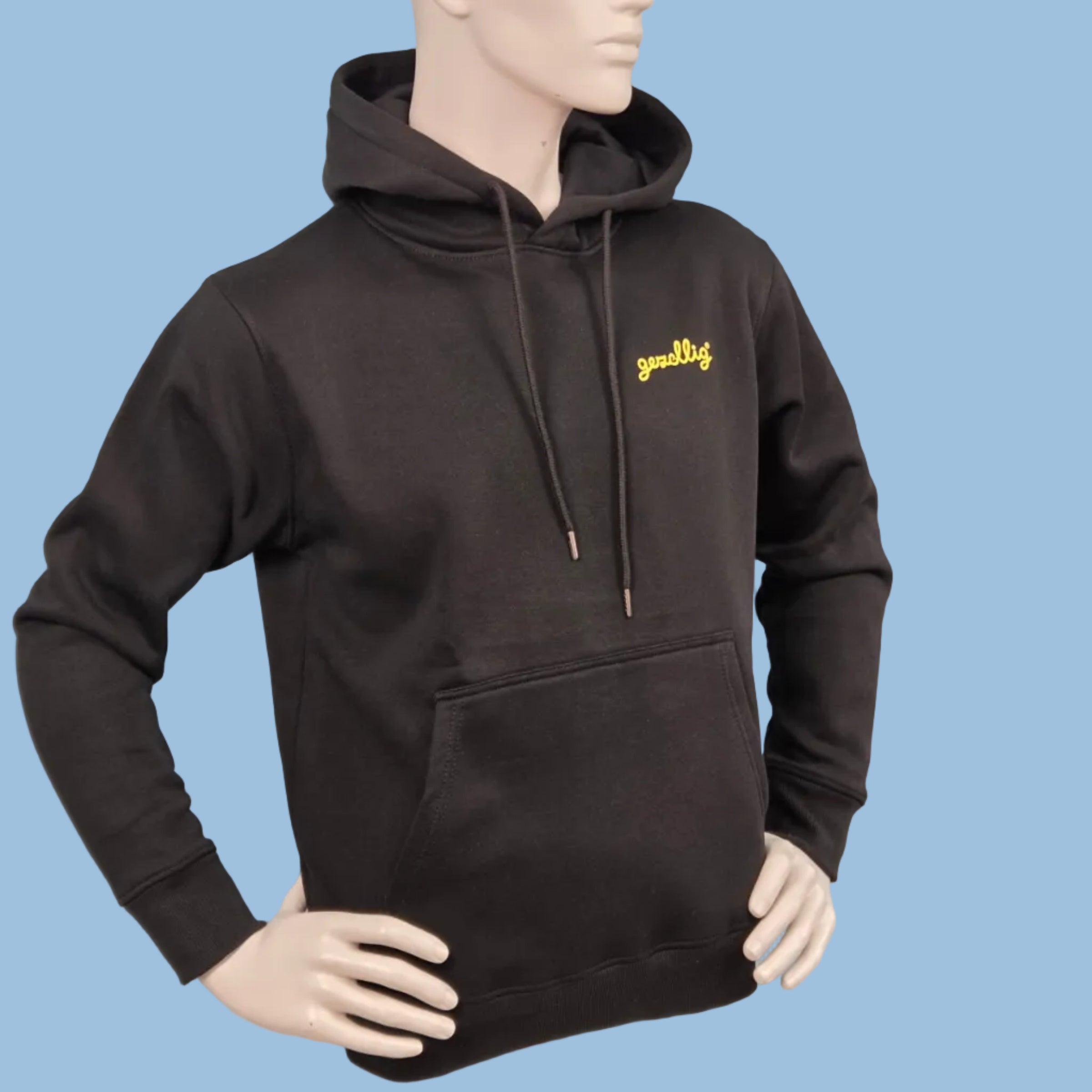 Black Hoodie with Small GEZELLIG Logo in Yellow Print