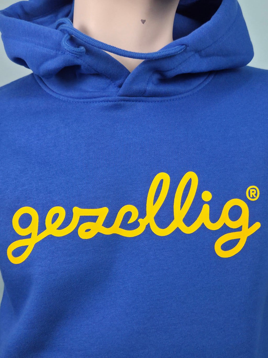 Blue Hoodie with Gezellig in Yellow Print