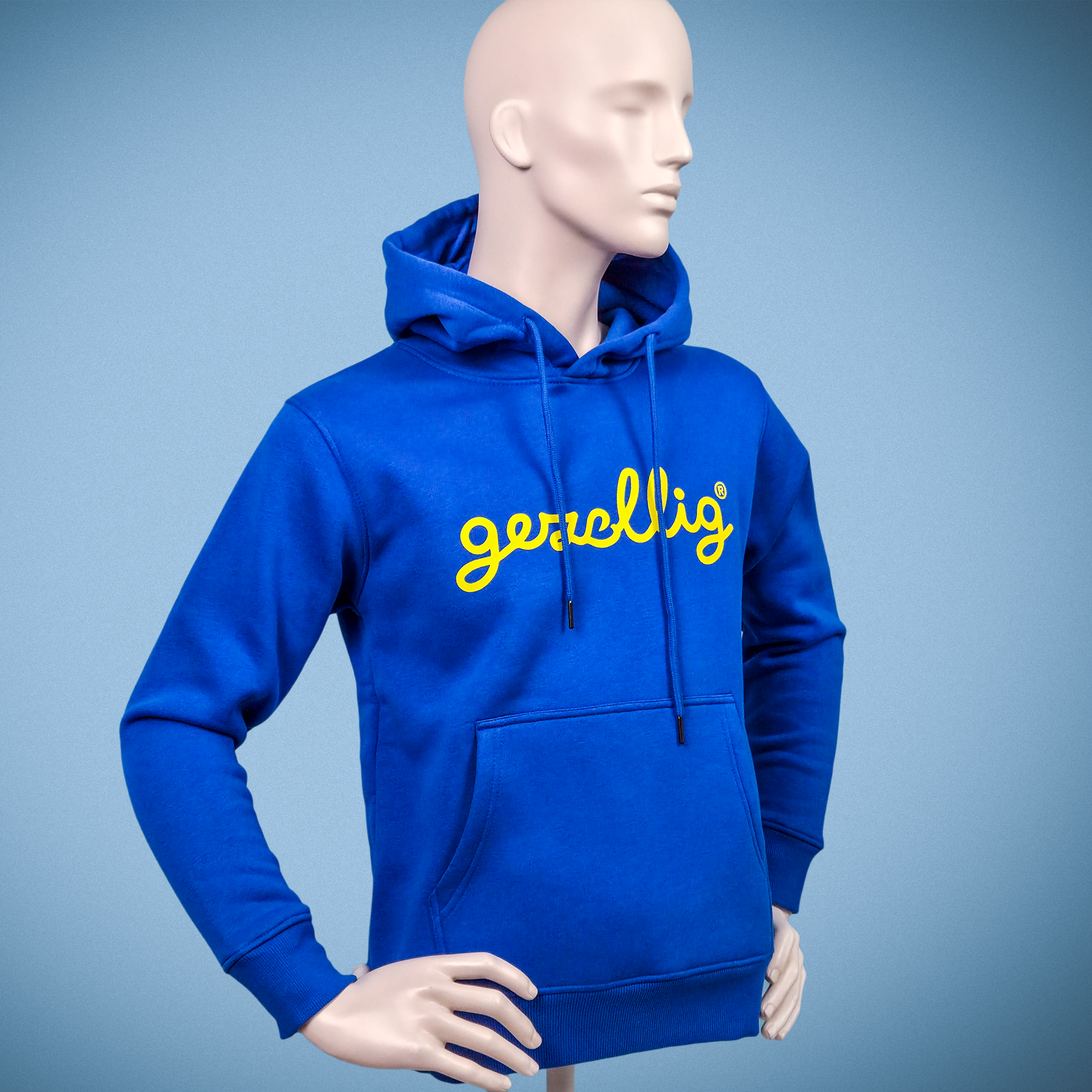 Blue Hoodie with Gezellig in Yellow Print