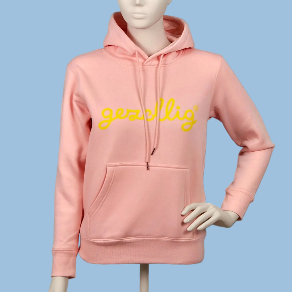 Pink Hoodie with GEZELLIG in Yellow Print