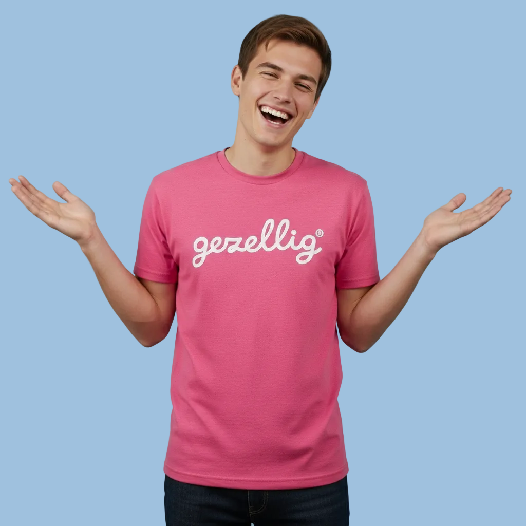 Guy wearing a pink Gezellig t-shirt with white logo.