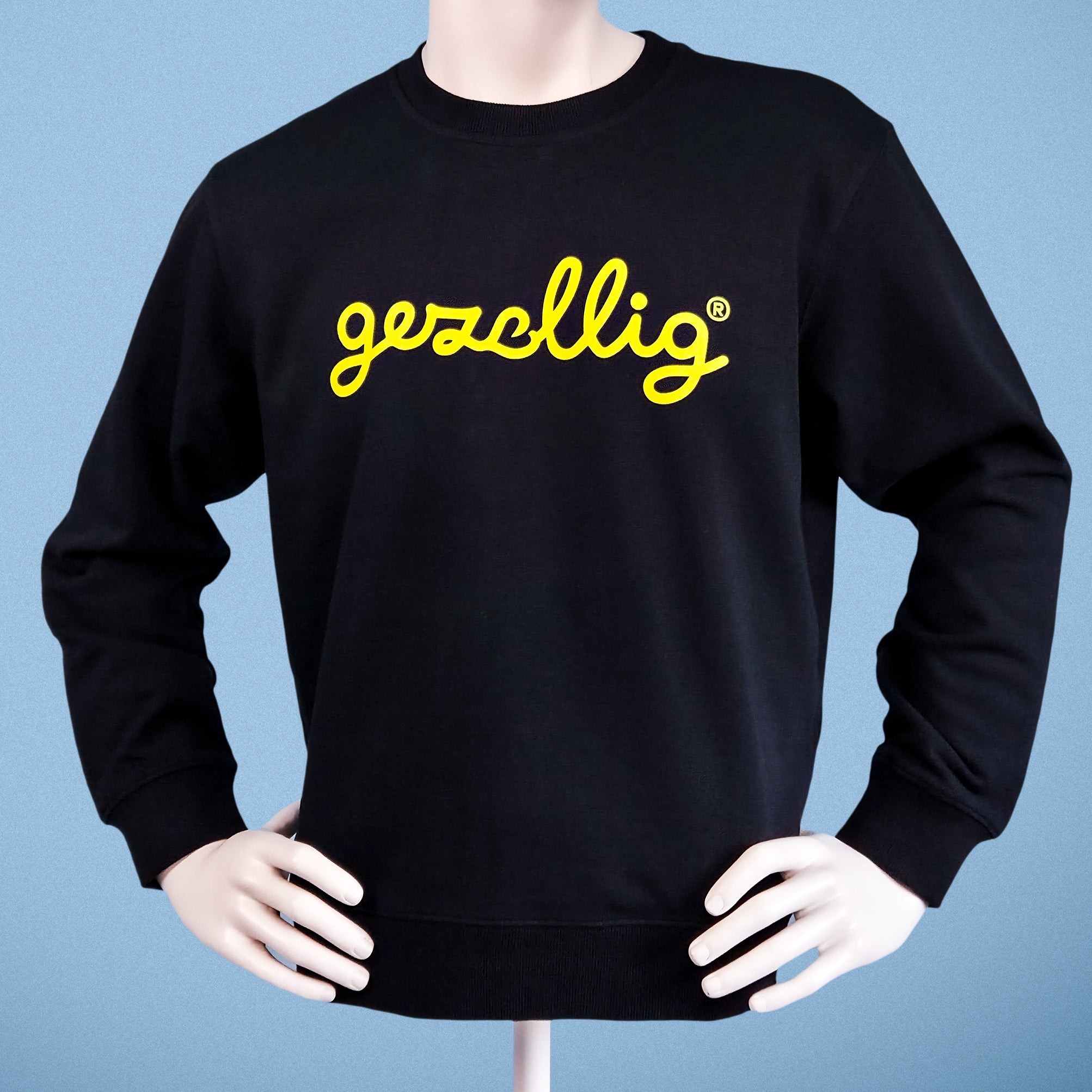 Black sweatshirt with yellow Gezellig logo