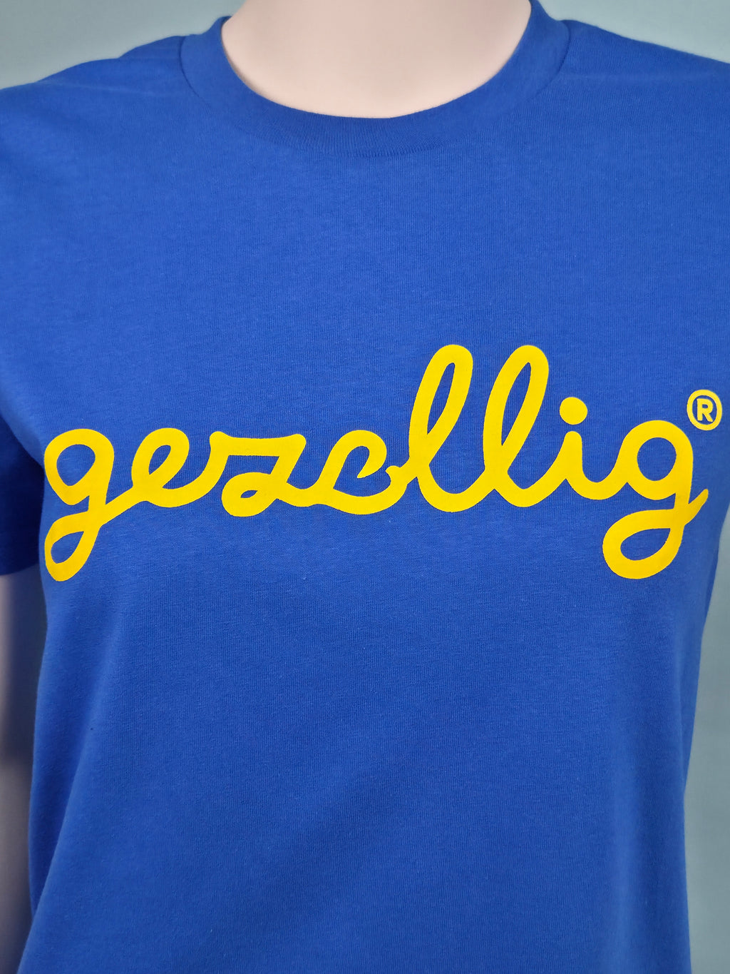 Blue Sweater with GEZELLIG in Yellow