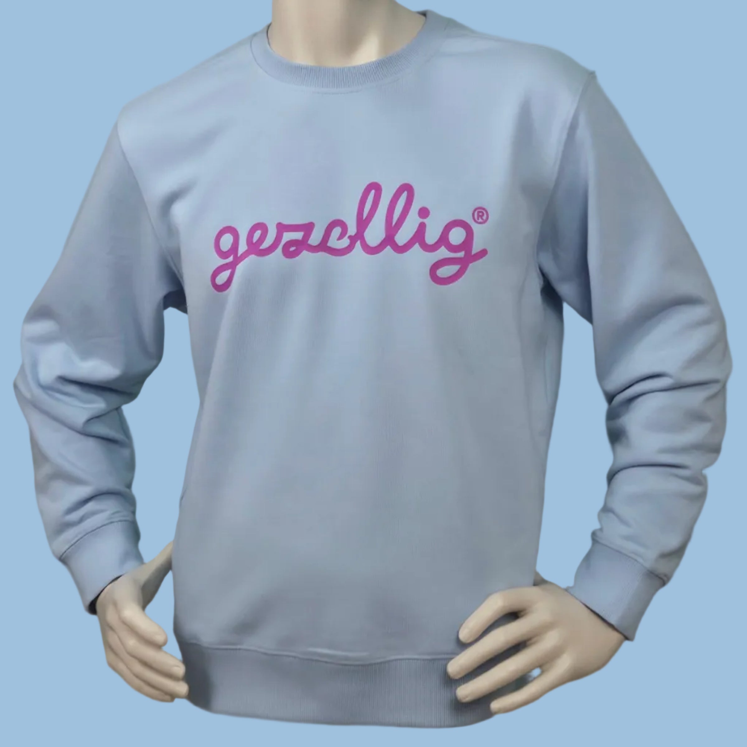 Light Blue Sweater with GEZELLIG in Fuchsia
