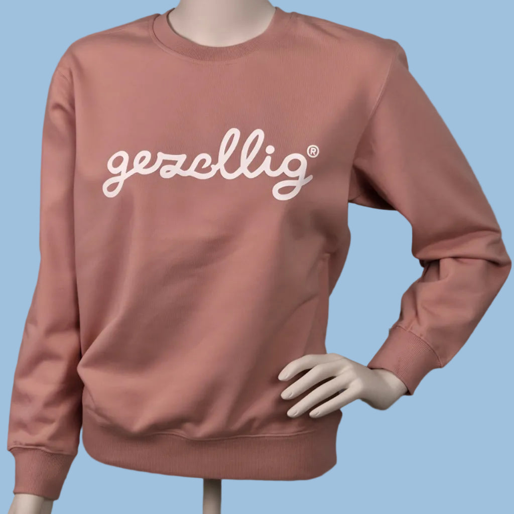 Dusty Pink Sweater with Gezellig in White