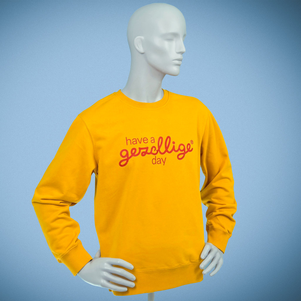 Deep Yellow Sweater - red print Have a Gezellige Day