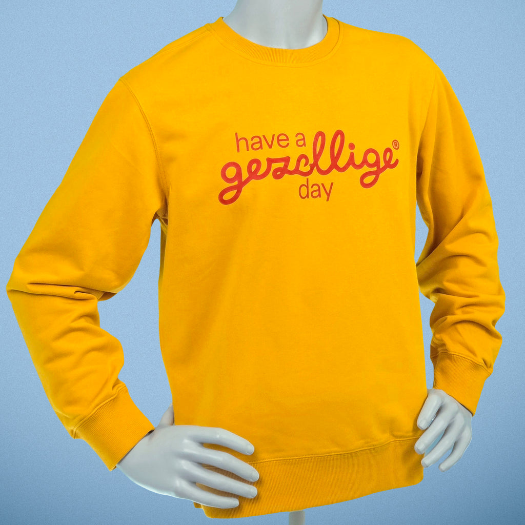 Deep Yellow Sweater - red print  Have a Gezellige Day