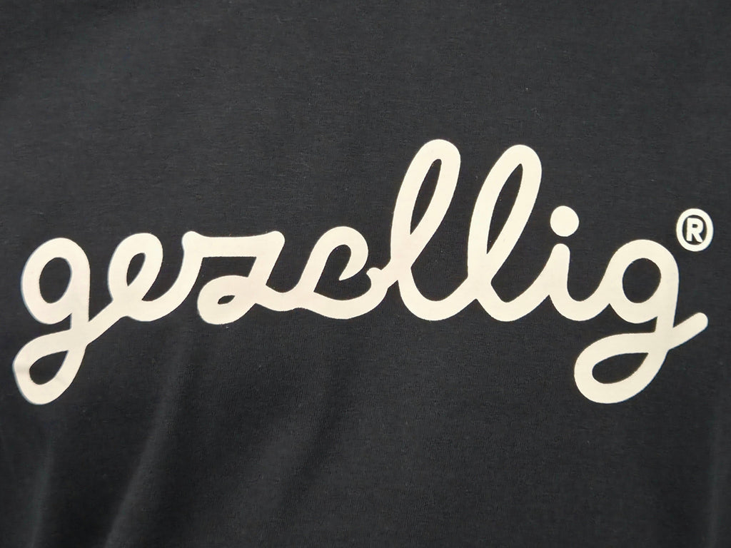 Black t-shirt with off white 'gezellig' logo
