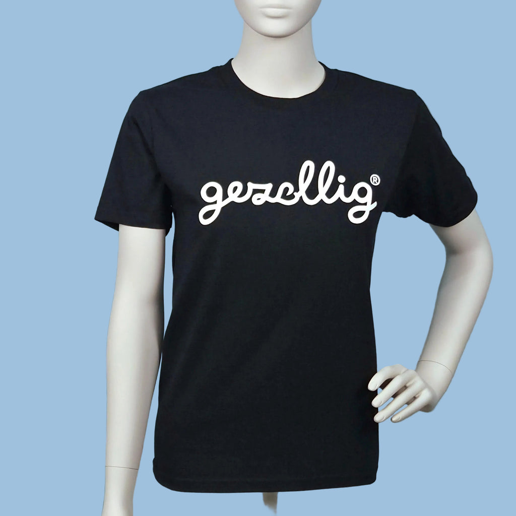 Black t-shirt with 'gezellig' logo in off white
