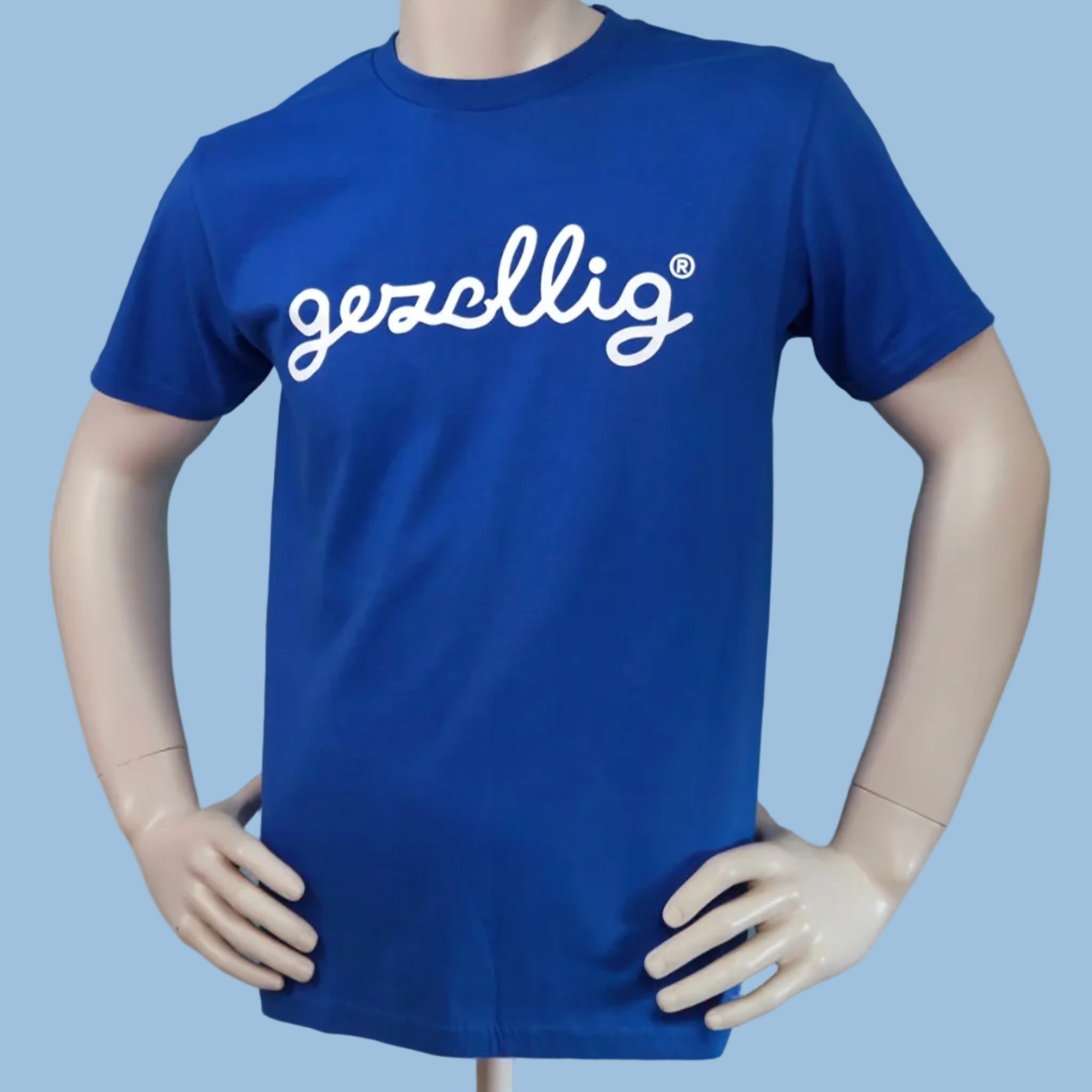Royal blue t-shirt with white 'gezellig' logo
