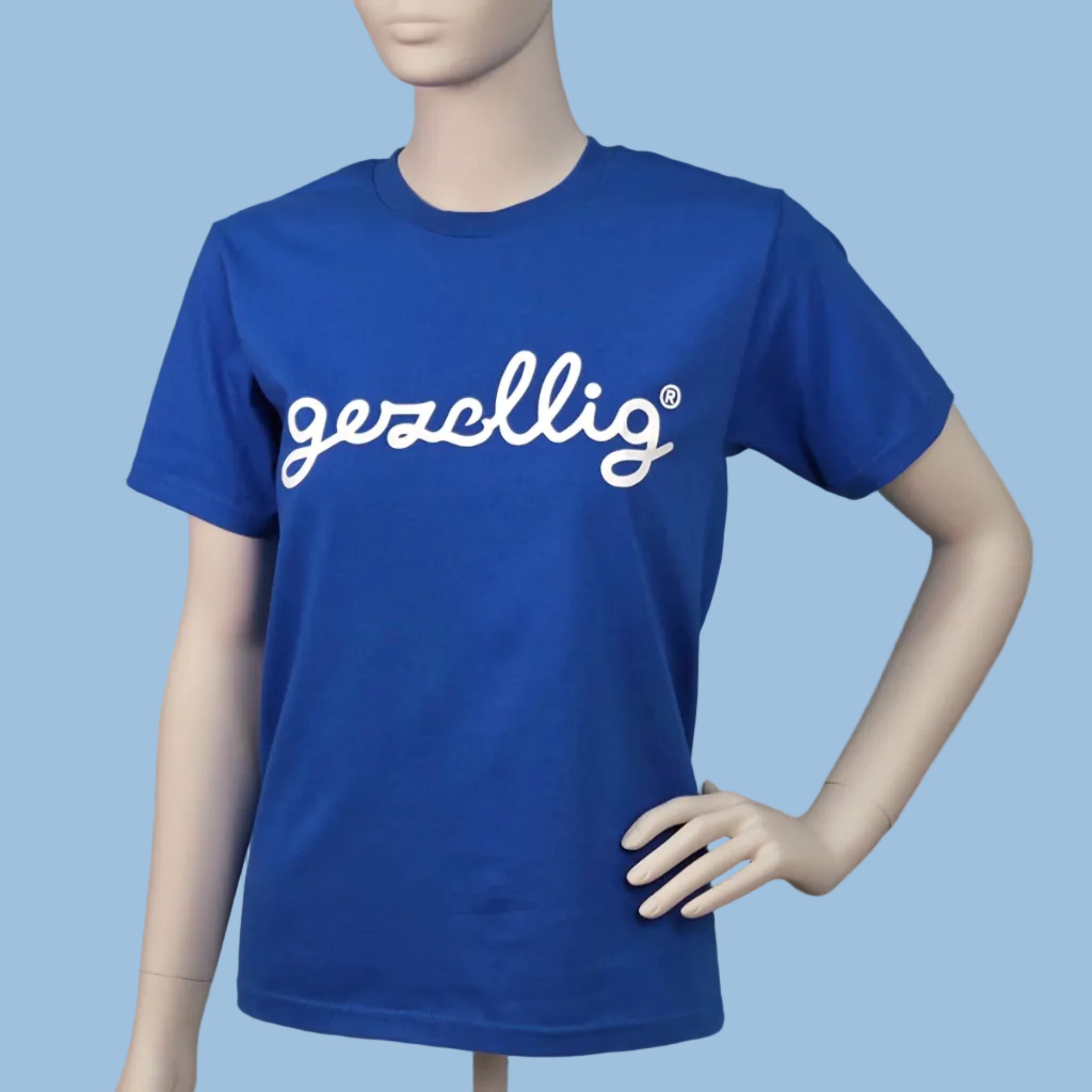 Royal blue t-shirt with 'gezellig' logo

