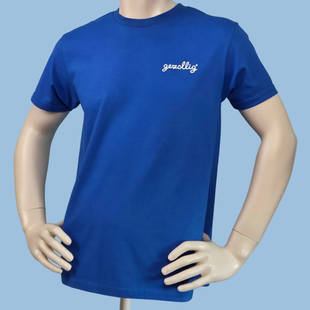 Royal Blue t-shirt with white gezellig logo in white 
