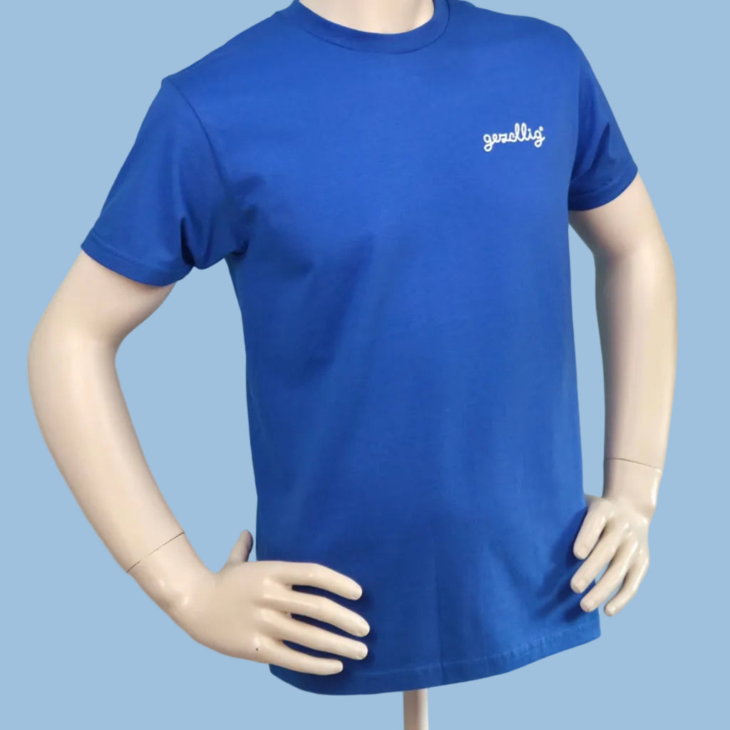 Blue t-shirt with small white gezellig logo

