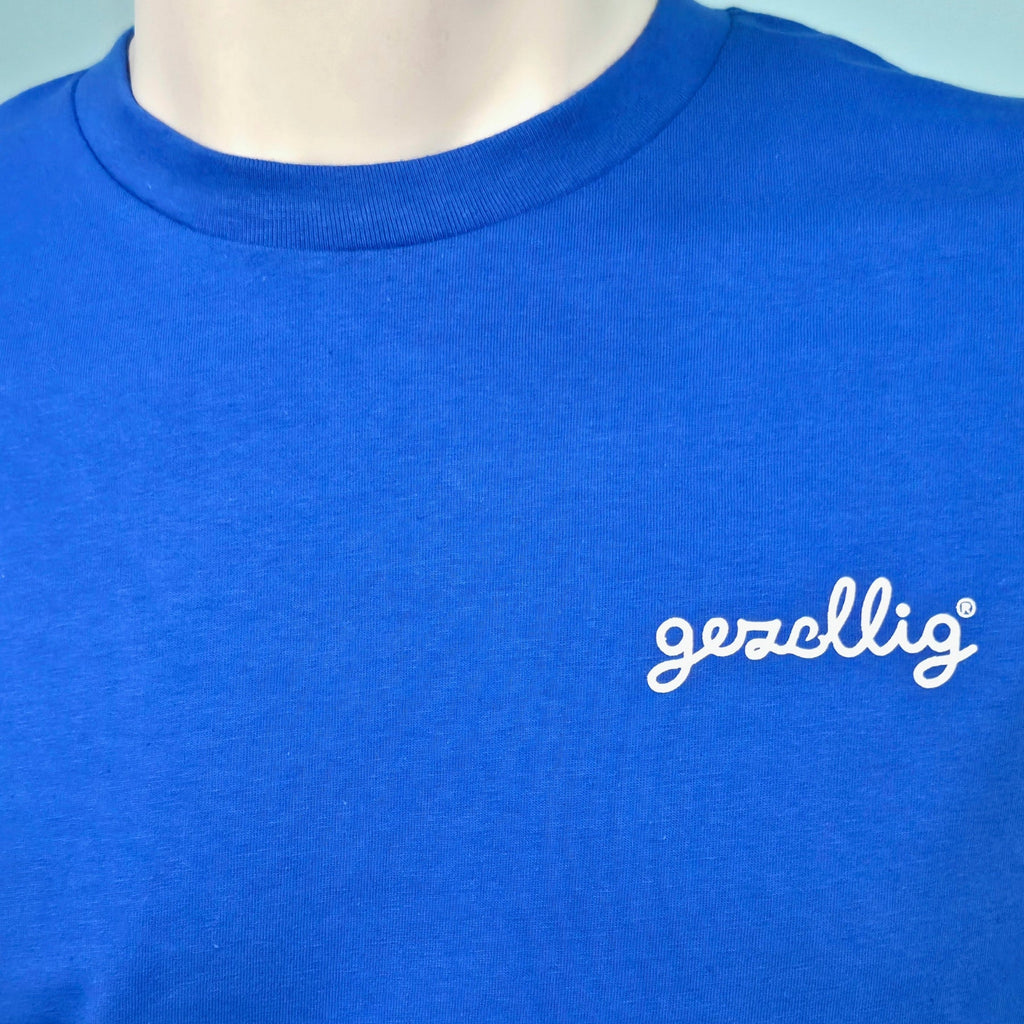 Blue T-shirt with Small GEZELLIG Logo in White Print
