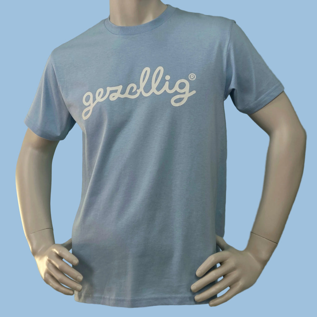 Light blue t-shirt with 'gezellig' logo in white

