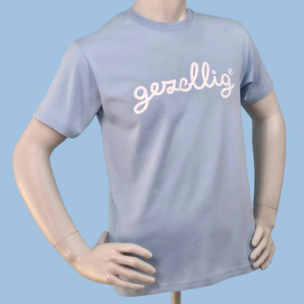 Light blue t-shirt with Gezellig logo in white
