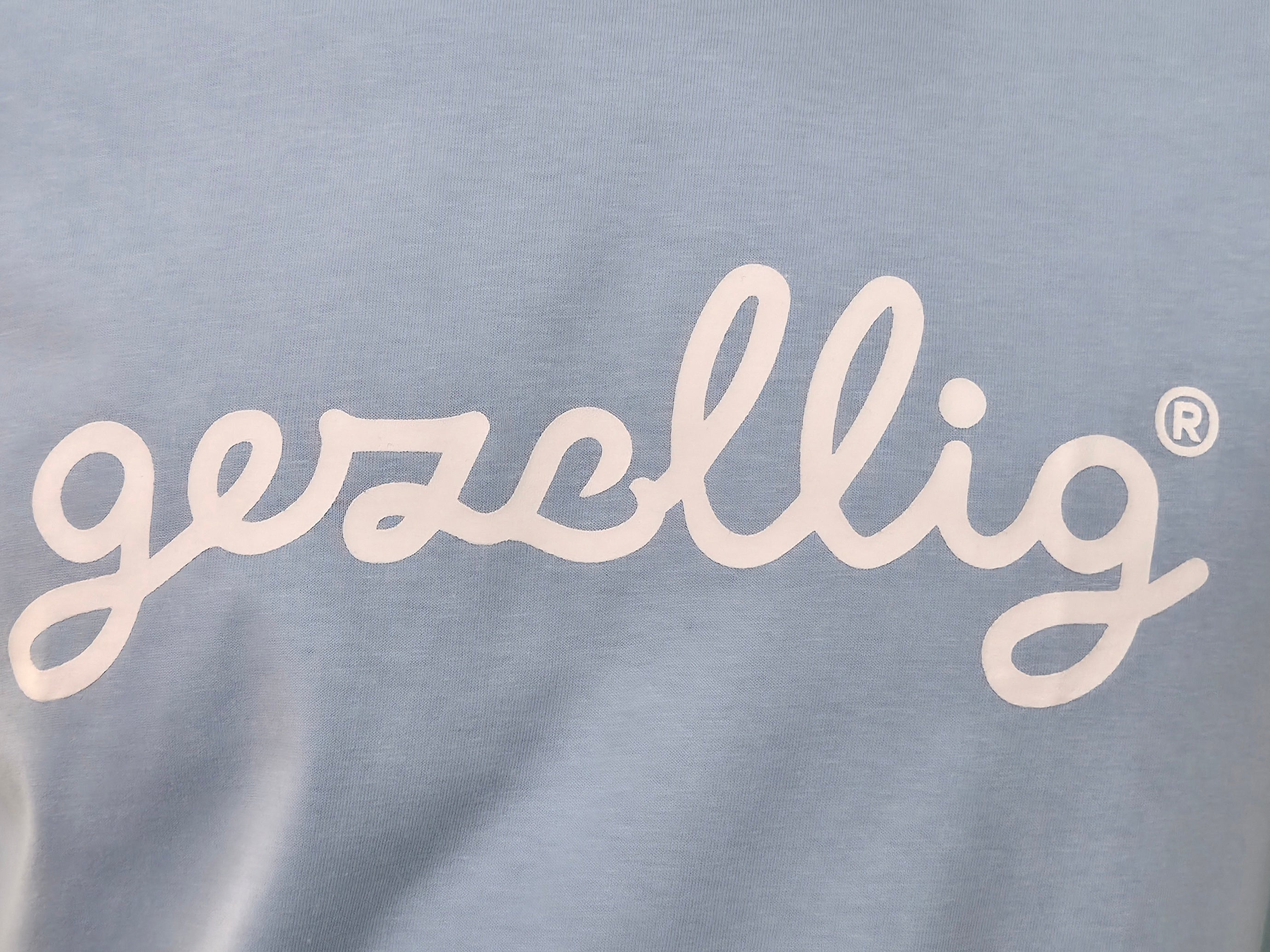 White Gezellig logo on light blue 