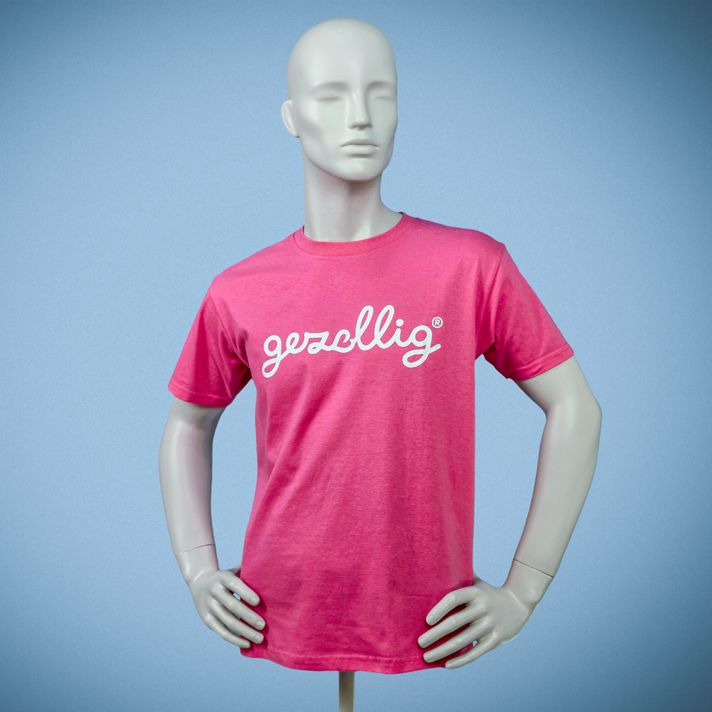 pink t-shirt with Gezellig logo in white