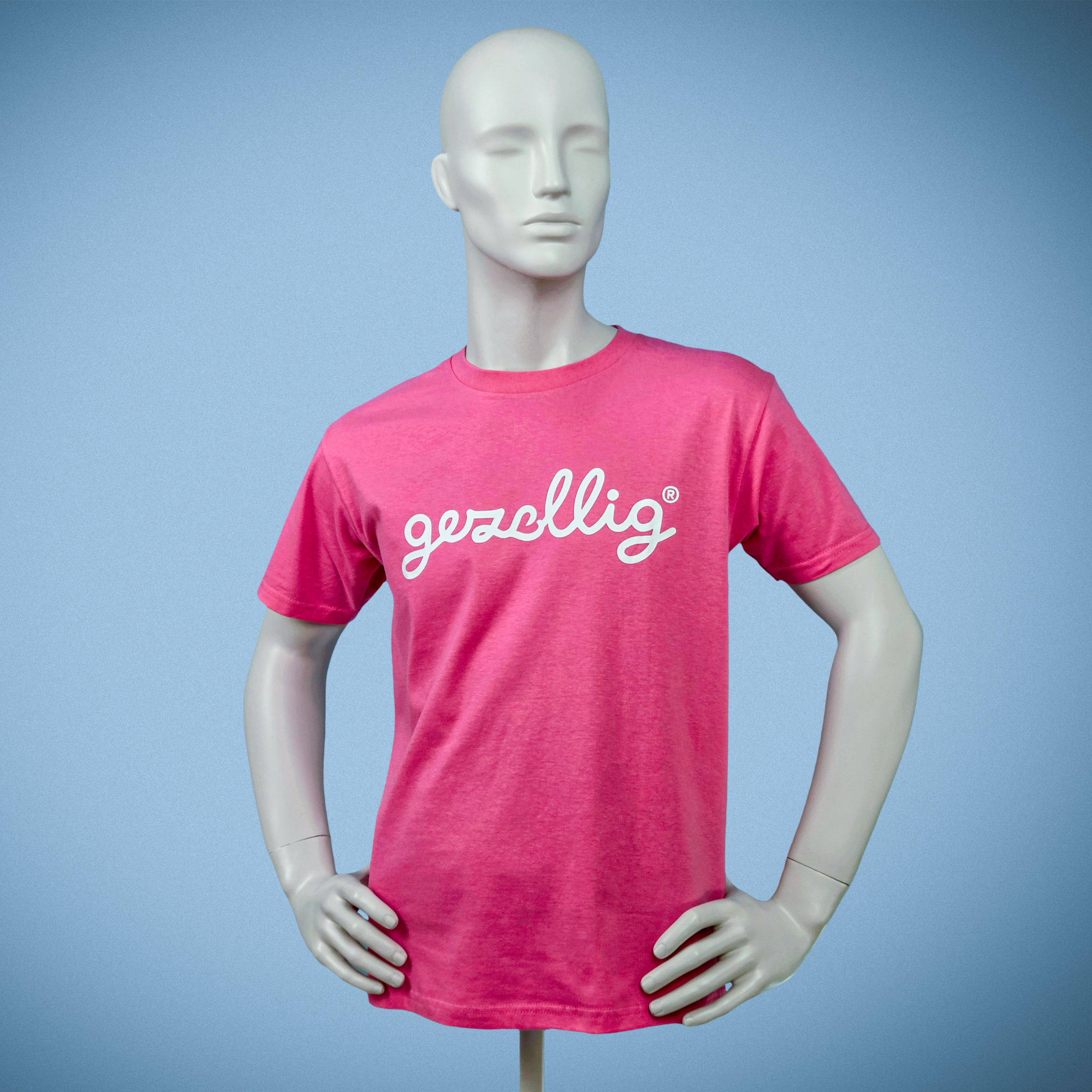 pink t-shirt with Gezellig logo in white