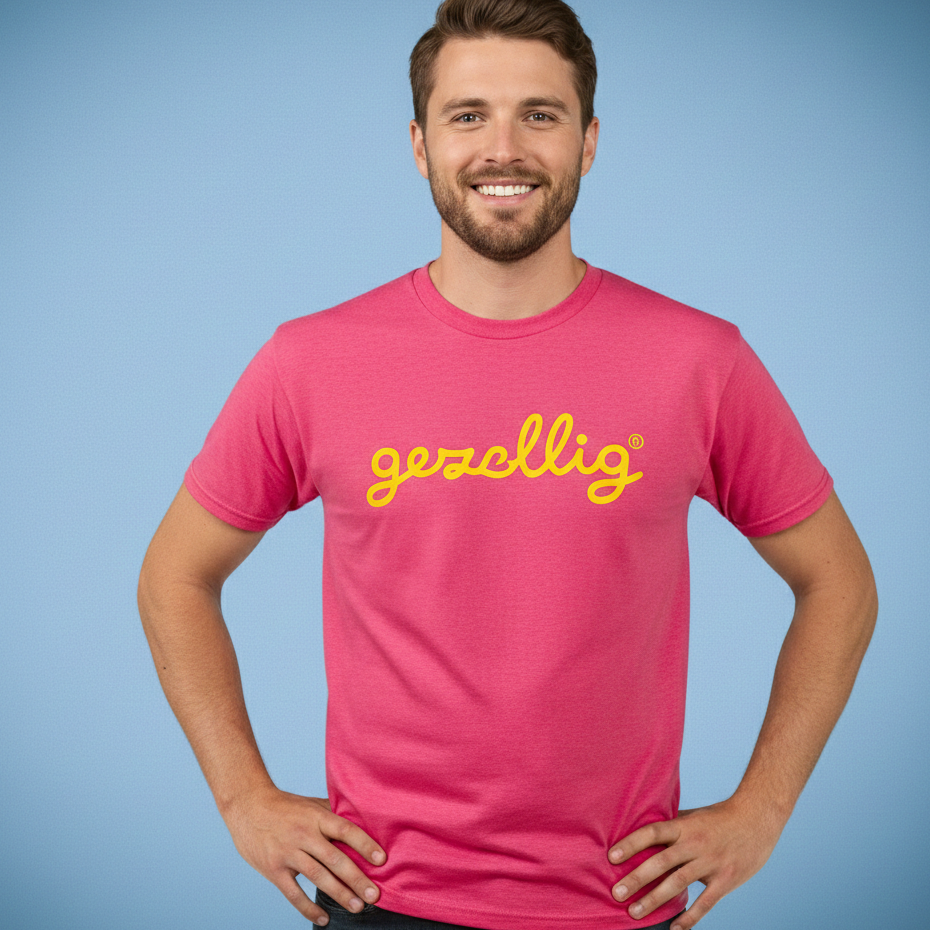 Hot Pink T-shirt with GEZELLIG in Yellow