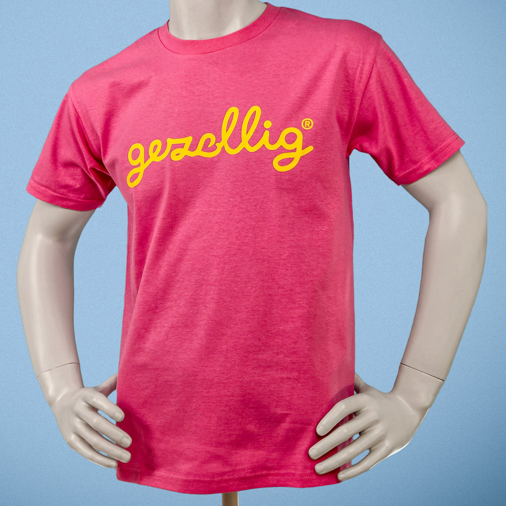 Hot Pink T-shirt with GEZELLIG in Yellow