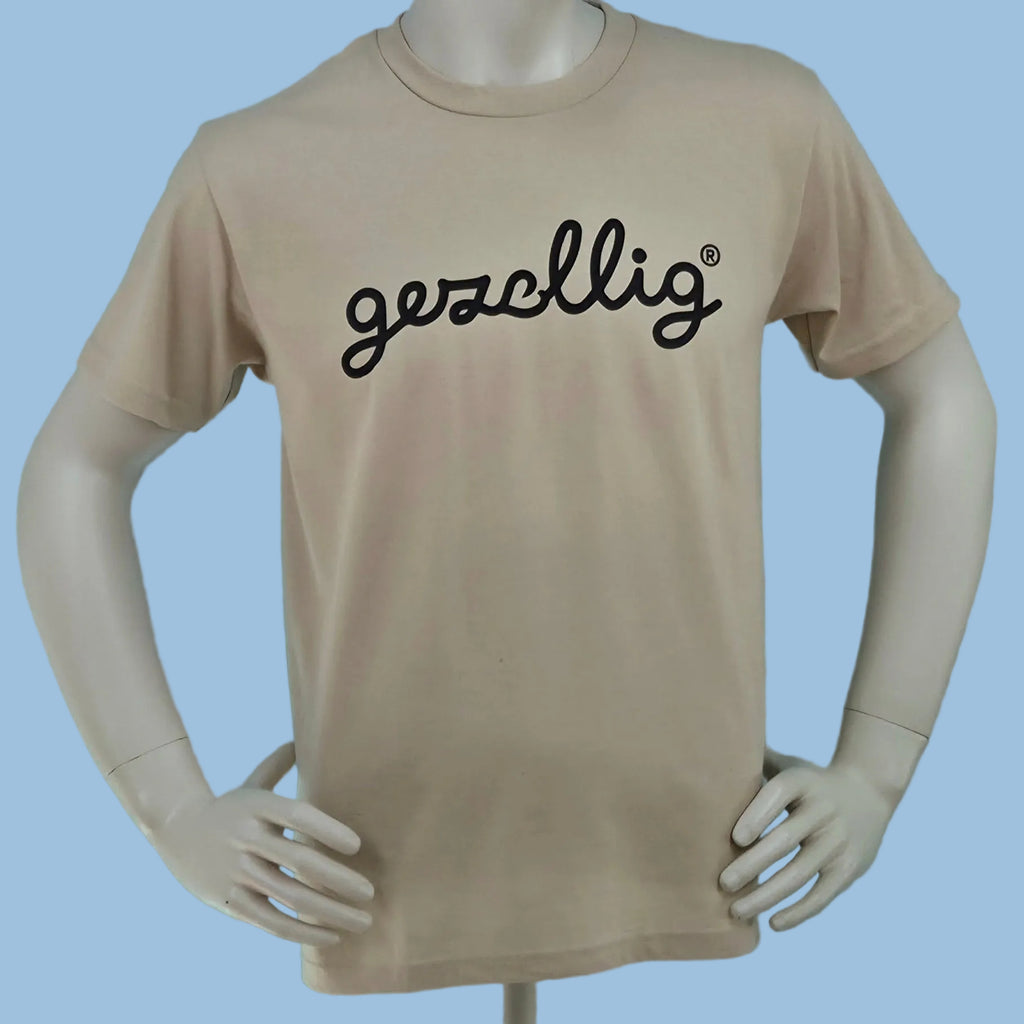 Tan t-shirt with black 'Gezellig' logo

