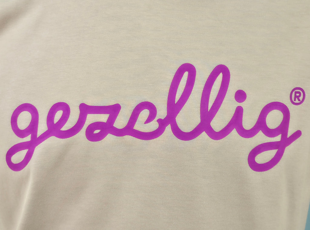 Tan T-shirt with GEZELLIG in Fuchsia