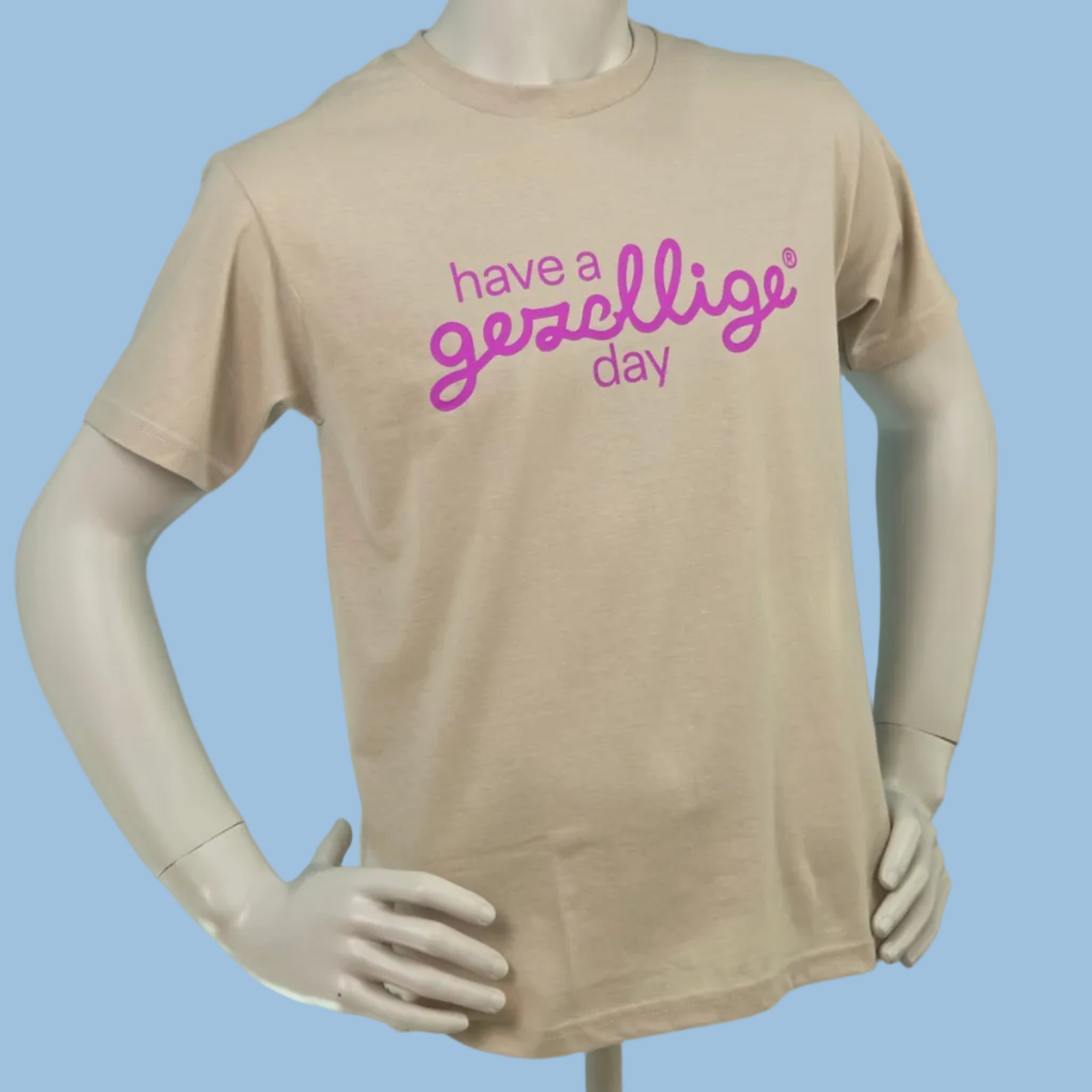 Tan t-shirt with fuchsia 'gezellig' logo