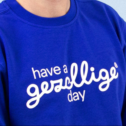 Man wearing a blue sweatshirt with ´have a gezellige day' in white on a light blue background