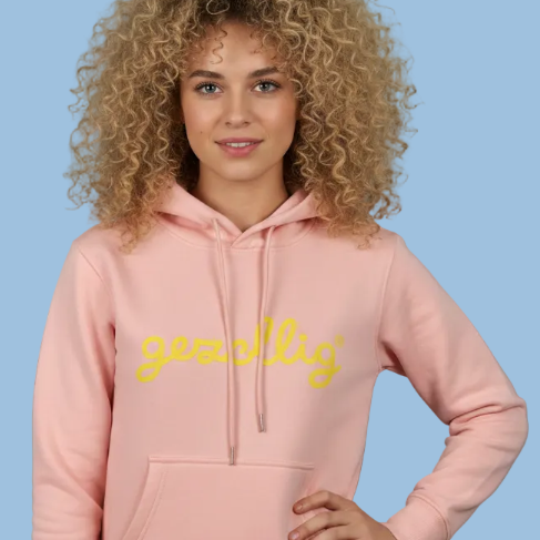 Pink Hoodie with GEZELLIG in Yellow Print