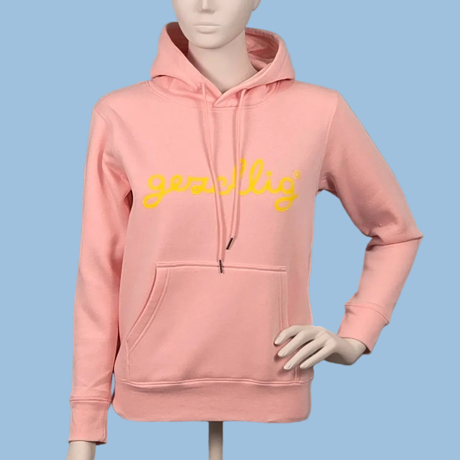 Pink Hoodie Yellow Logo Gezellig